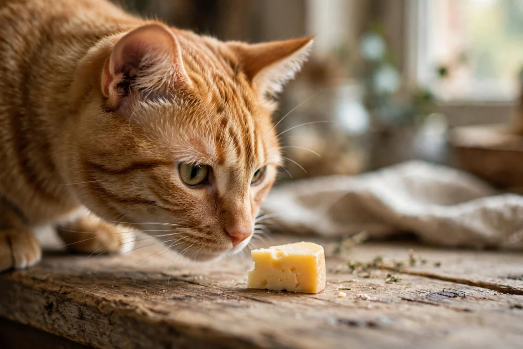 Orange tabby cat sniffing a piece of cheese on kitchen counter