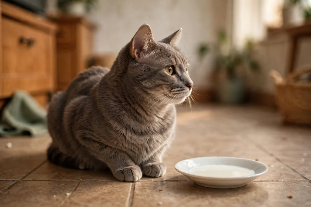 Grey cat sitting next to a saucer of milk