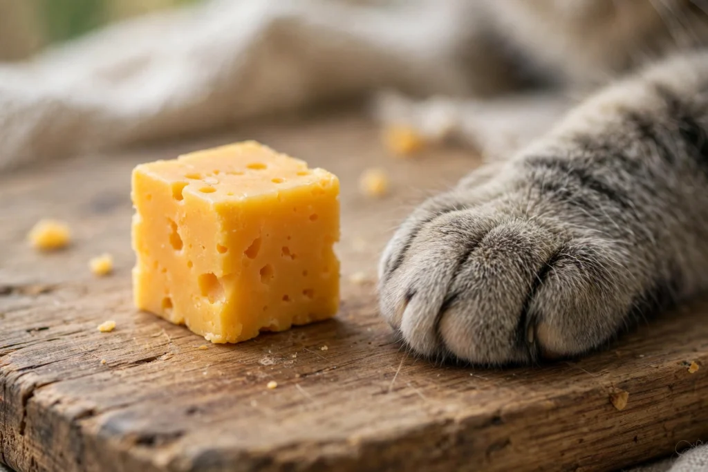 Dice-sized cube of cheddar cheese showing safe portion for cats