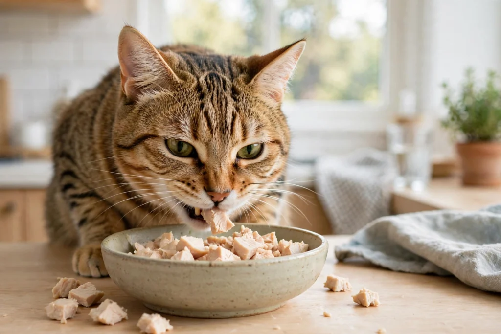 Tabby cat eating plain cooked chicken from a bowl